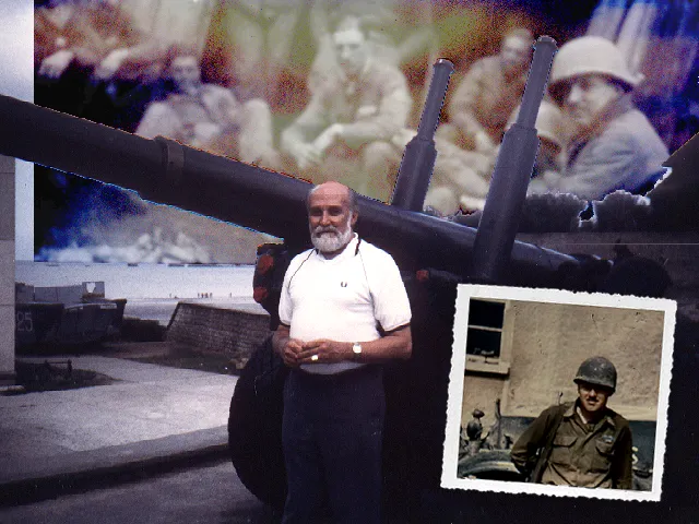Collage of father: wartime snapshot overlaid combined image of past and present