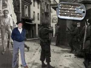 A collage depicting stages of life: small town teenager to infantry soldier to elderly man