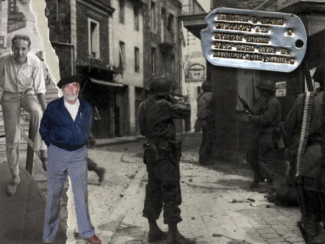 A collage depicting stages of life: small town teenager to infantry soldier to elderly man